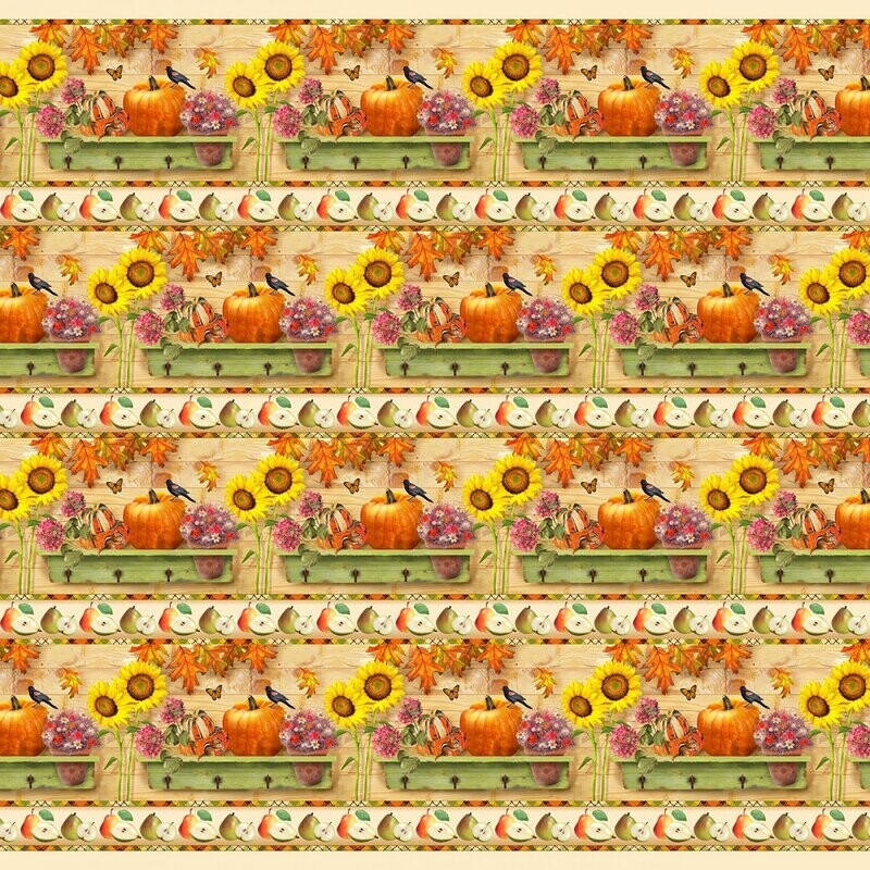 Patchworkstoff Bordürenstoff "Border Stripe", Atumn Splendor, Kürbisse, Sonnenblumen, Blätter, creme-orange, Henry Glass, 19,80 €/m