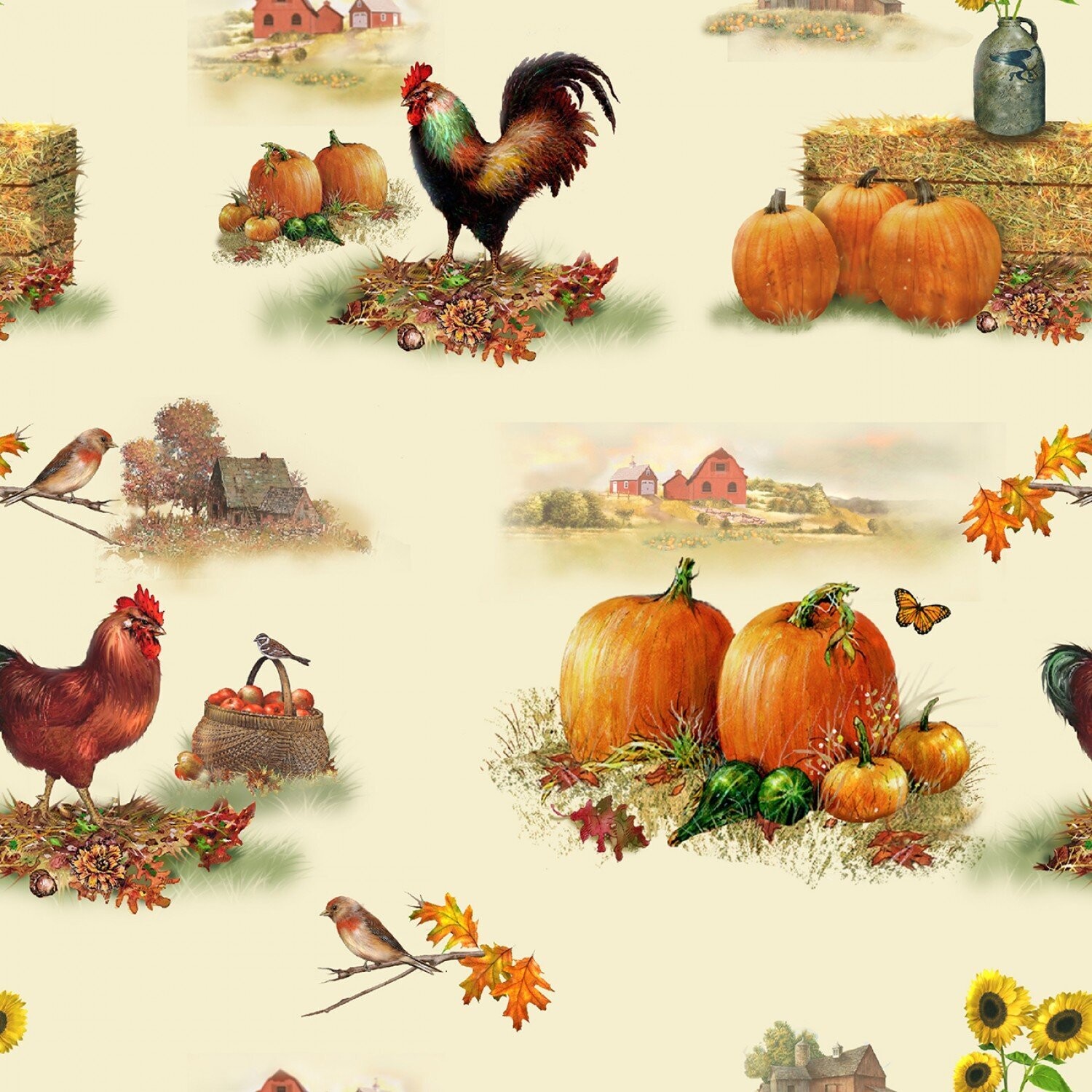 Patchworkstoff "Scenic", Autumn Splendor, Hähne, Kürbisse, creme-bunt, Henry Glass, 19,80 €/m*