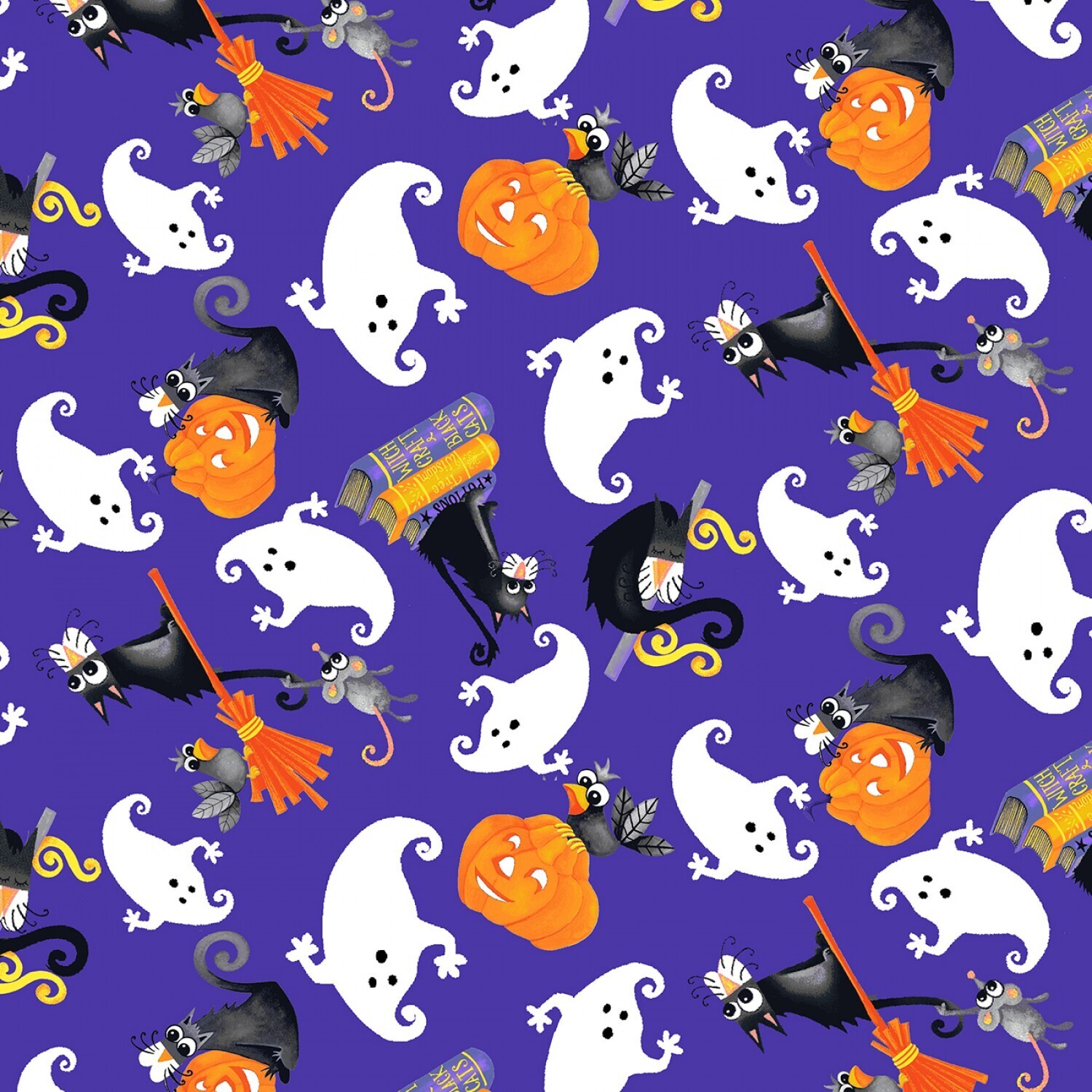 LEUCHTET IM DUNKELN!  Patchworkstoff "Boo Tossed Cats and Ghosts", Katzen und Geister mit Kürbissen, blau, Henry Glass, 19,80€/m*
