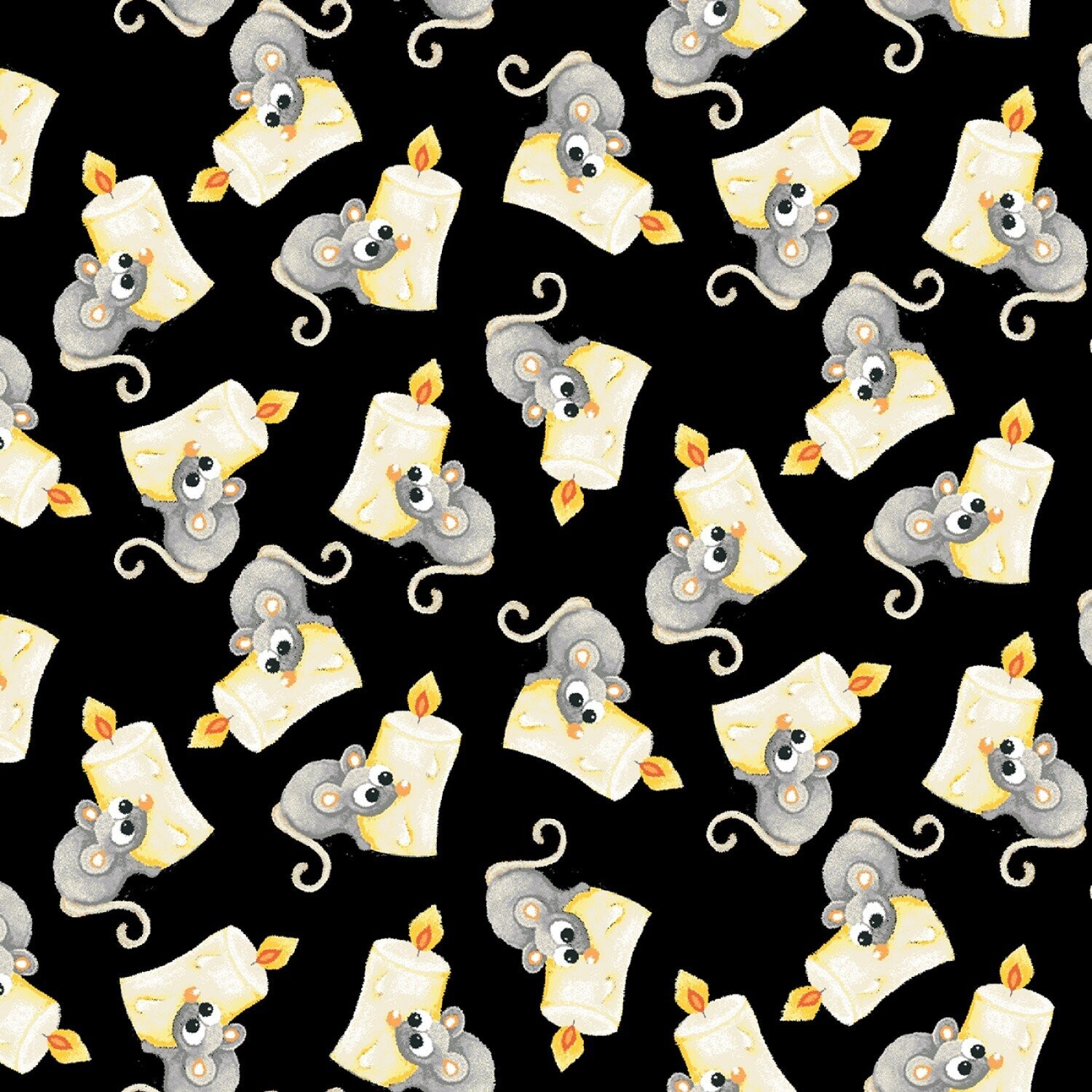 LEUCHTET IM DUNKELN!  Patchworkstoff "Boo Tossed Mice", Mäuse mit Kerzen, schwarz, Henry Glass, 19,80€/m*
