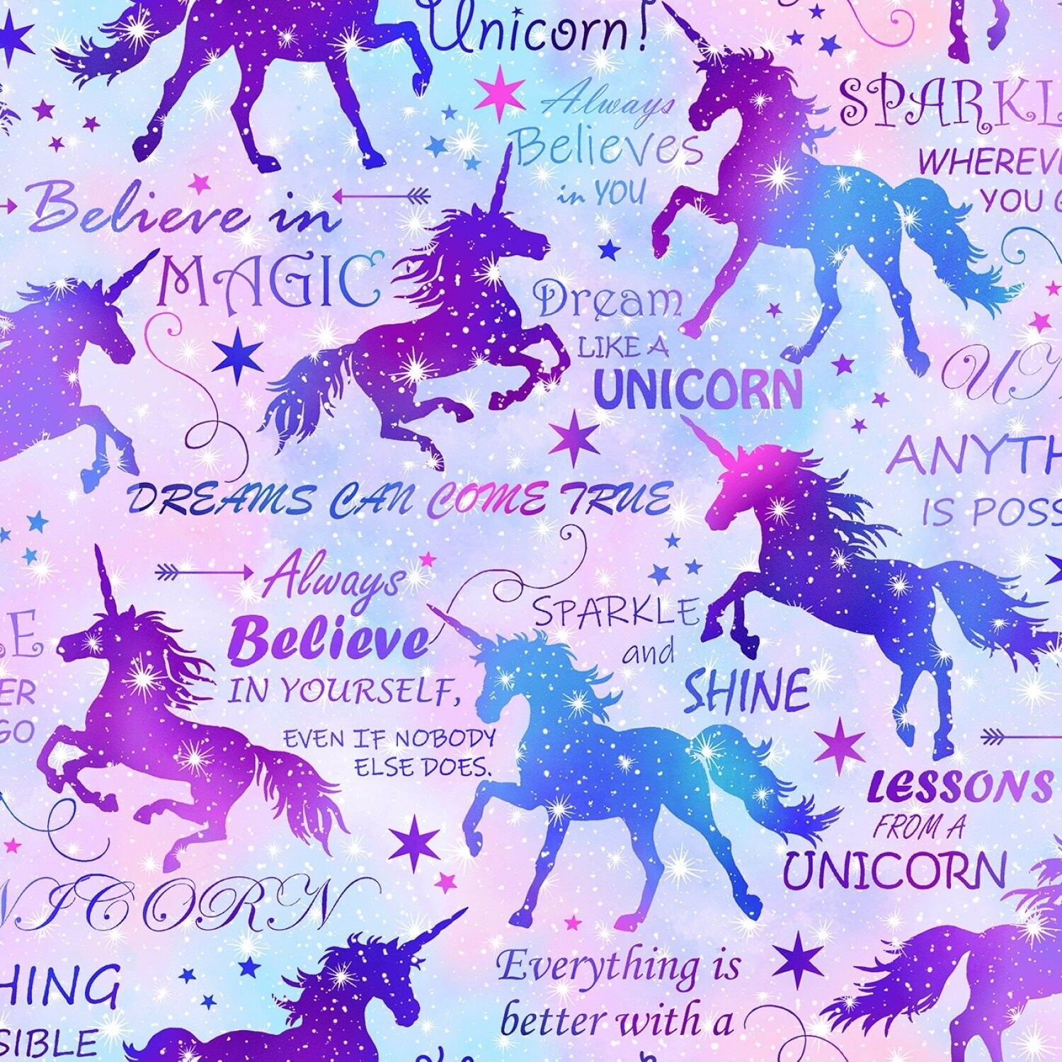 Patchworkstoff "Unicorn Silhouette", Einhörner und Schrift, violett, 14,00 €/m