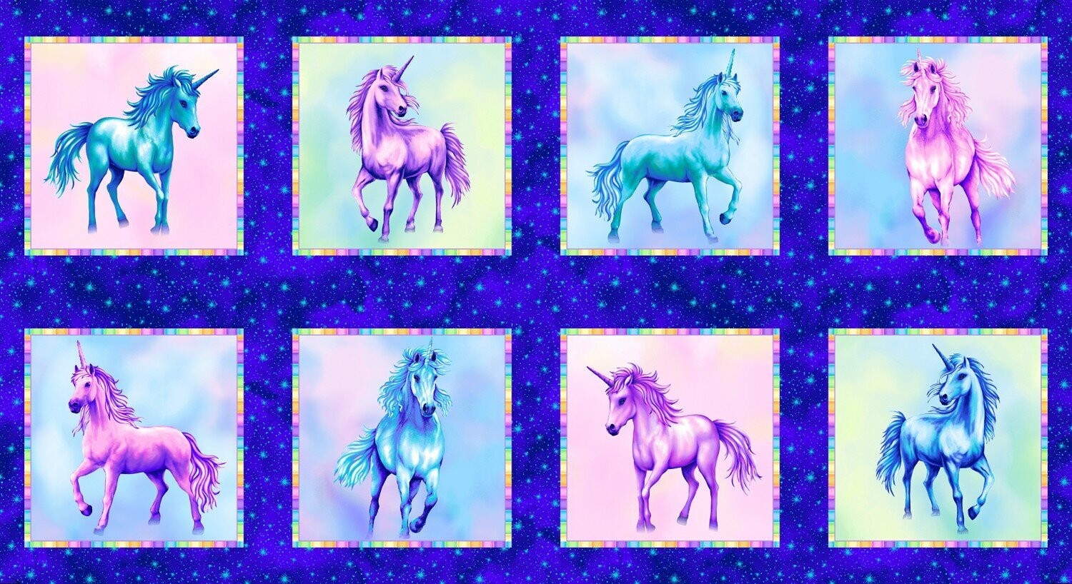 60-cm-Patchworkstoff "Unicorn Blocks", Einhörner auf Quadraten, royalblau, 19,49 €/m