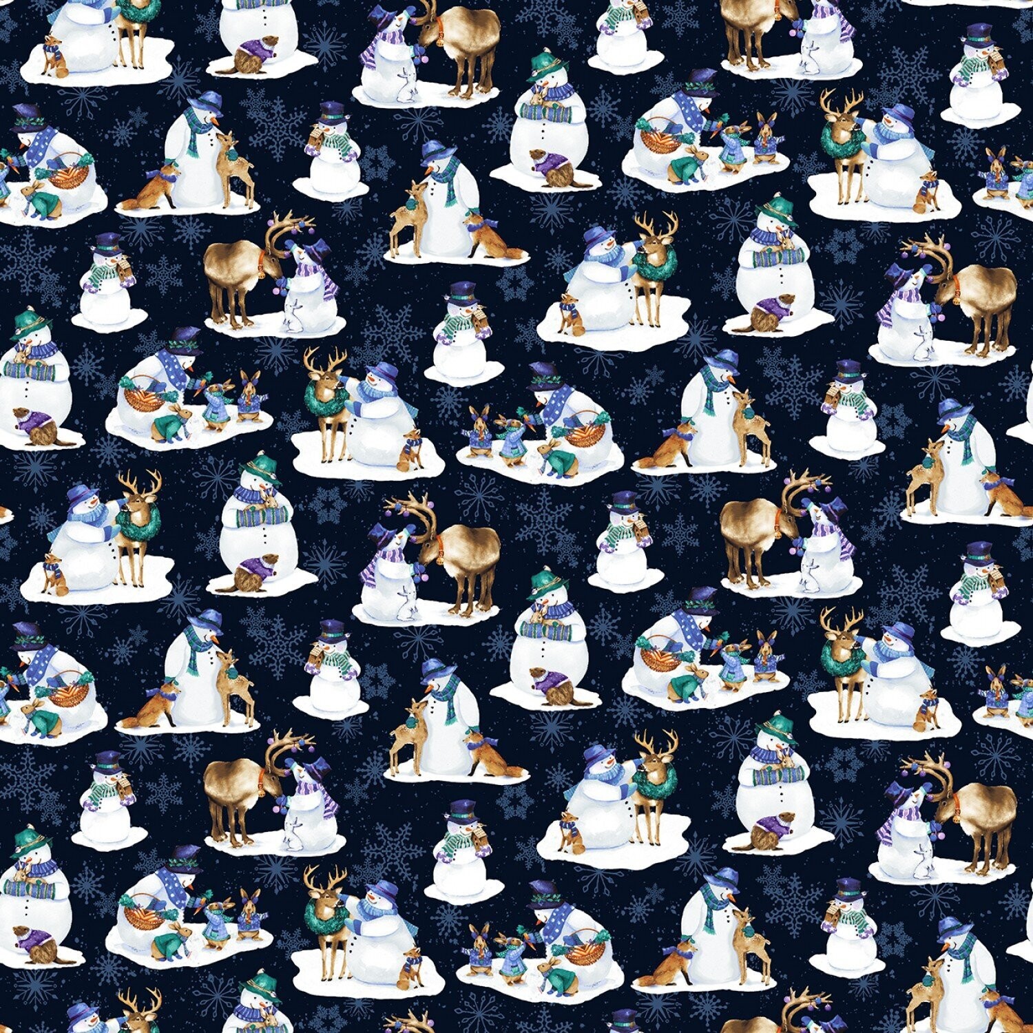 Patchworkstoff, "Snowman and Critter Allover Navy", Flurry Friends, Schneemänner, Rentier, Eisbär, Hase & Fuchs, 19,80 €/m