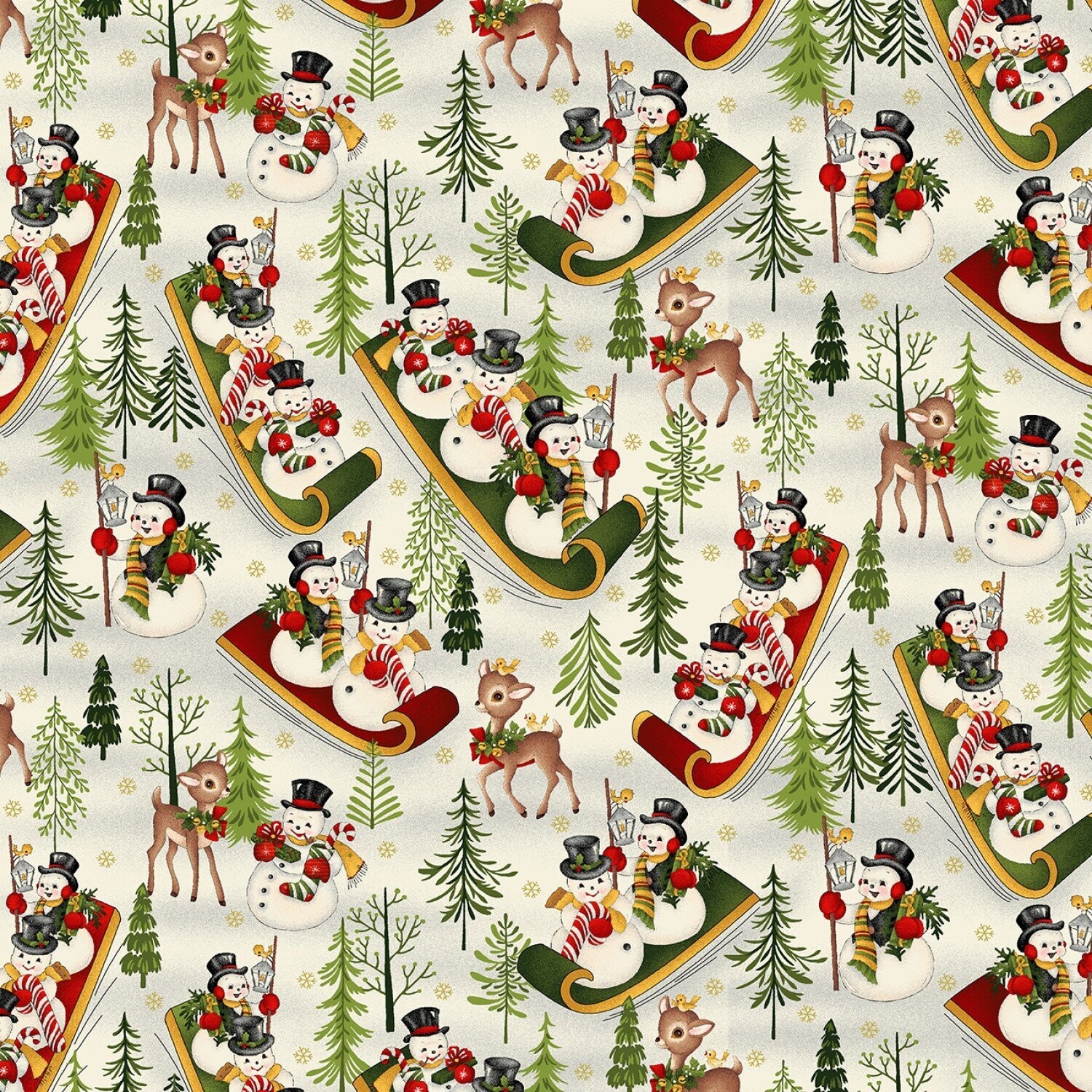 Patchworkstoff, "Cream Snowmen's Down Hill Sledding", schlittenfahrende Schneemänner,  20,50 €/m