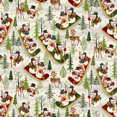 Patchworkstoff, Patchworkstoff, "Cream Snowmen's Down Hill Sledding", schlittenfahrende Schneemänner, 20,50 €/m