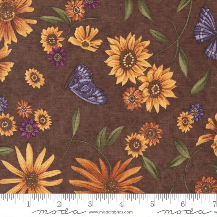 Patchworkstoff "Sunflower Garden Print Large Floral Sunflower Butterflies", Sunflower Garden, Schmetterlinge, Sonnenblumen, braun, gelb, 21,50 €/m