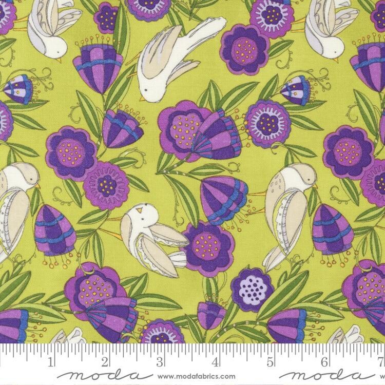 Patchworkstoff "Birdies In The Posies Novelty Bird", Pansys Posies, Vögel, Blätter, grün, violett, 21,50 €/m