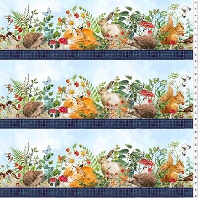 Patchworkstoff Bordüre "Hedgehog Hollow", Igel, Eichhörnchen, Hase, Vögel & Fuchs, Fliegenpilze, multicolor, 21,90 €/m