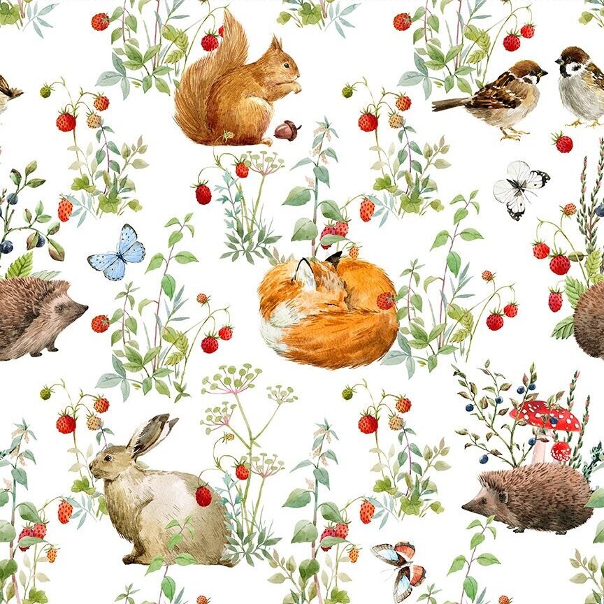 Patchworkstoff "Animals - Multi", Igel, Eichhörnchen, Fuchs, Hase, Vögel, Schmetterlinge, Erdbeeren und Fliegenpilze, weiß, multicolor, 21,90 €/m*