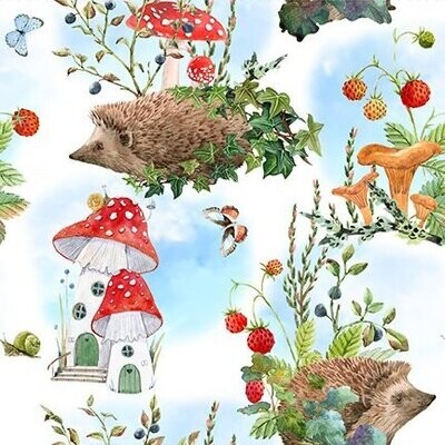 Patchworkstoff "Hedgehogs - Multi", Igel, Schmetterlinge, Erdbeeren und Fliegenpilze, hellblau, multicolor, 21,90 €/m