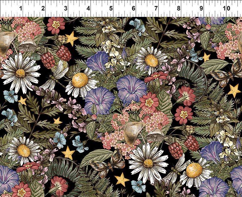 Patchworkstoff , "The Sun, The Moon and The Stars, Garden - Multi", Blumen, Beeren, Pilze, Schmetterlinge, Sterne und Farn von Jason Yenter, 22,50 €/m*