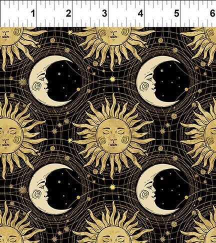 Patchworkstoff , "The Sun, The Moon and The Stars, Moon Sky - Black", Sonne, Mond  und Sterne in gold auf schwarz von Jason Yenter, 22,50 €/m