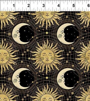 Patchworkstoff , "The Sun, The Moon and The Stars, Moon Sky - Black", Sonne, Mond und Sterne in gold auf schwarz von Jason Yenter, 22,50 €/m