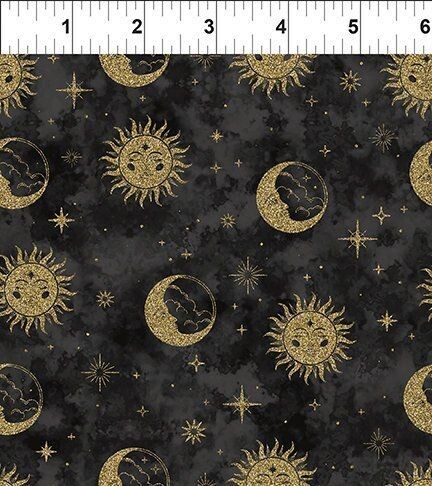 Patchworkstoff , "The Sun, The Moon and The Stars, Sun & Moon Sky - Black", Sonne, Mond  und Sterne in gold auf schwarz von Jason Yenter, 22,50 €/m