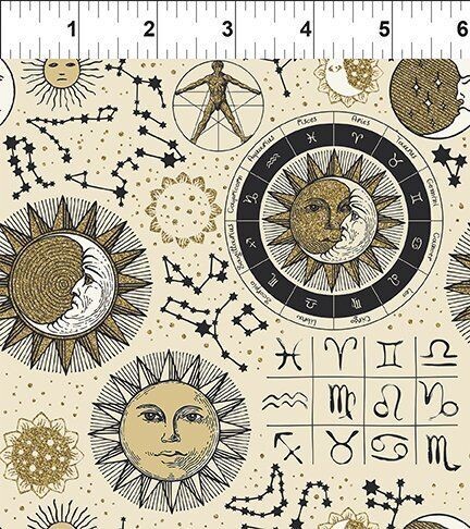 Patchworkstoff , Patchworkstoff , "The Sun, The Moon and The Stars, Astrology - Cream", Sternzeichen, Sonne, Mond und Sterne in gold und schwarz auf creme von Jason Yenter, 22,50 €/m