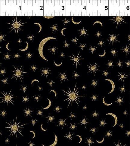 Patchworkstoff , Patchworkstoff , "The Sun, The Moon and The Stars, Moon & Stars - Black", Mond und Sterne in gold auf schwarz von Jason Yenter, 22,50 €/m