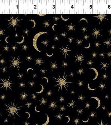 Patchworkstoff , "The Sun, The Moon and The Stars, Moon & Stars - Black", Mond und Sterne in gold auf schwarz von Jason Yenter, 22,50 €/m