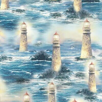 Patchworkstoff mit Leuchttürmen, Allover Light of Peace Multi, 19,50/m Patchworkstoff mit Leuchttürmen, Allover Light of Peace Multi, 19,50/m