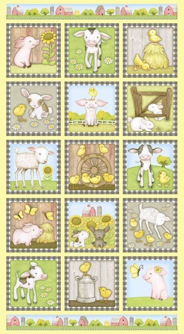 60 cm Panel Patchworkstoff "Farm Block Panel" Bauernhoftiere, Kühe, Küken, Schweine, Schafe, 20,00€/m*