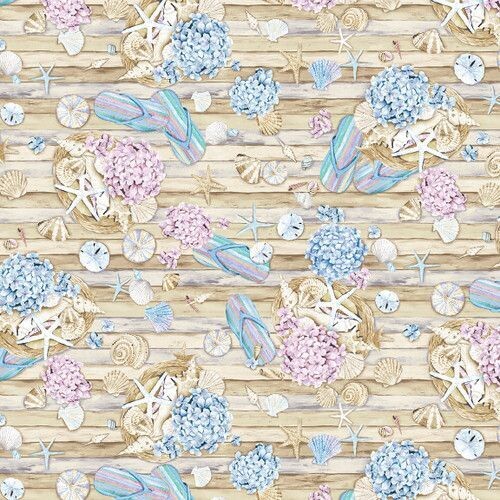 Patchworkstoff "Beach Motifs On Wood Grain", Beach Bound, Flip-Flops, Muscheln, Seesterne, Holz, creme-bunt, Henry Glass, 20,50 €/m