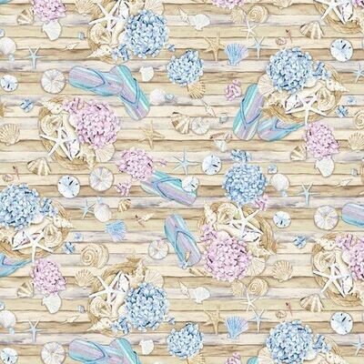 Patchworkstoff Patchworkstoff "Beach Motifs On Wood Grain", Beach Bound, Flip-Flops, Muscheln, Seesterne, Holz, creme-bunt, Henry Glass, 20,50 €/m