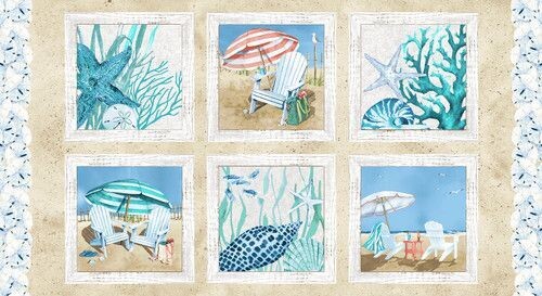 Patchworkstoff Panel 60cm, "24 Inch Beach Panel", Beach Bound, Muscheln, Seesterne, Sonnenschirme, Henry Glass, 20,00 €/m*