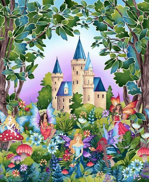 Patchworkstoff  Panel 90 cm "Fairytale Forest", Feen, Schloss, Märchen, bunt, 20,00 €/m*
