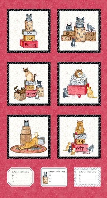 60-cm-Patchworkstoff "Cat Rescue Panel", spielende Katzen im Haus, rot, 20,00 €/m