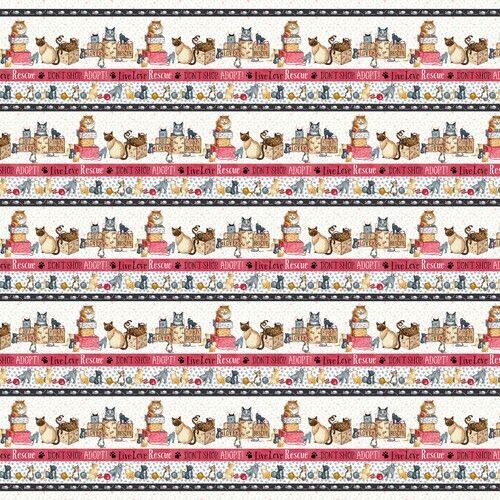 Patchworkstoff "Cat Rescue Border", Bordürenstoff, spielende Katzen im Haus, rot, 21,00 €/m