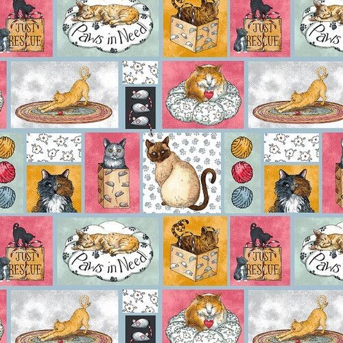 Rest  45 cm, Patchworkstoff "Cat Rescue Cat Patchwork", spielende Katzen im Haus, bunt, 19,78 €/m