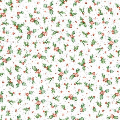 Patchworkstoff der Kollektion "One Snowy Day" mit roten Beeren & Ilex-Blättern, White Holly, weiß, 20,50 €/m