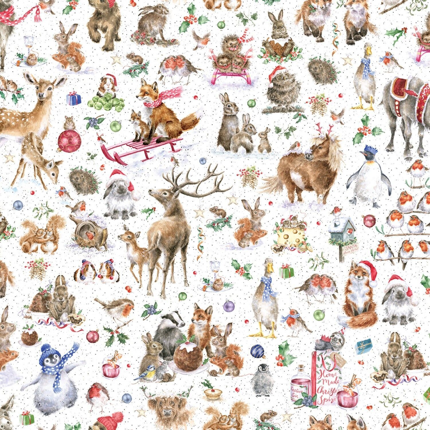 Patchworkstoff der Kollektion "One Snowy Day" mit Fuchs, Dachs, Meerschweinchen, Pony, Hase, Maus und vielen anderen Tierchen, White Managerie, weiß, 20,50 €/m