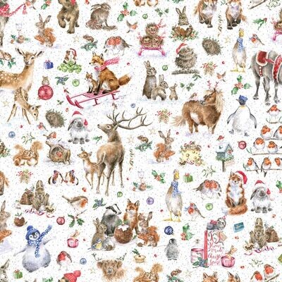 Patchworkstoff der Kollektion Patchworkstoff der Kollektion "One Snowy Day" mit Fuchs, Dachs, Meerschweinchen, Pony, Hase, Maus und vielen anderen Tierchen, White Managerie, weiß, 20,50 €/m