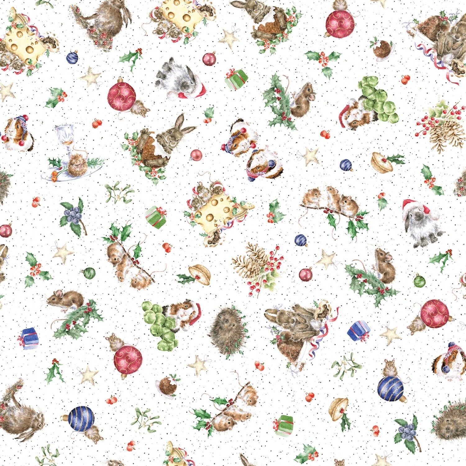 Patchworkstoff der Kollektion "One Snowy Day" mit Meerschweinchen, Igel, Hase, Maus und vielen anderen Tierchen, White Furry Friends, weiß, 20,50 €/m*