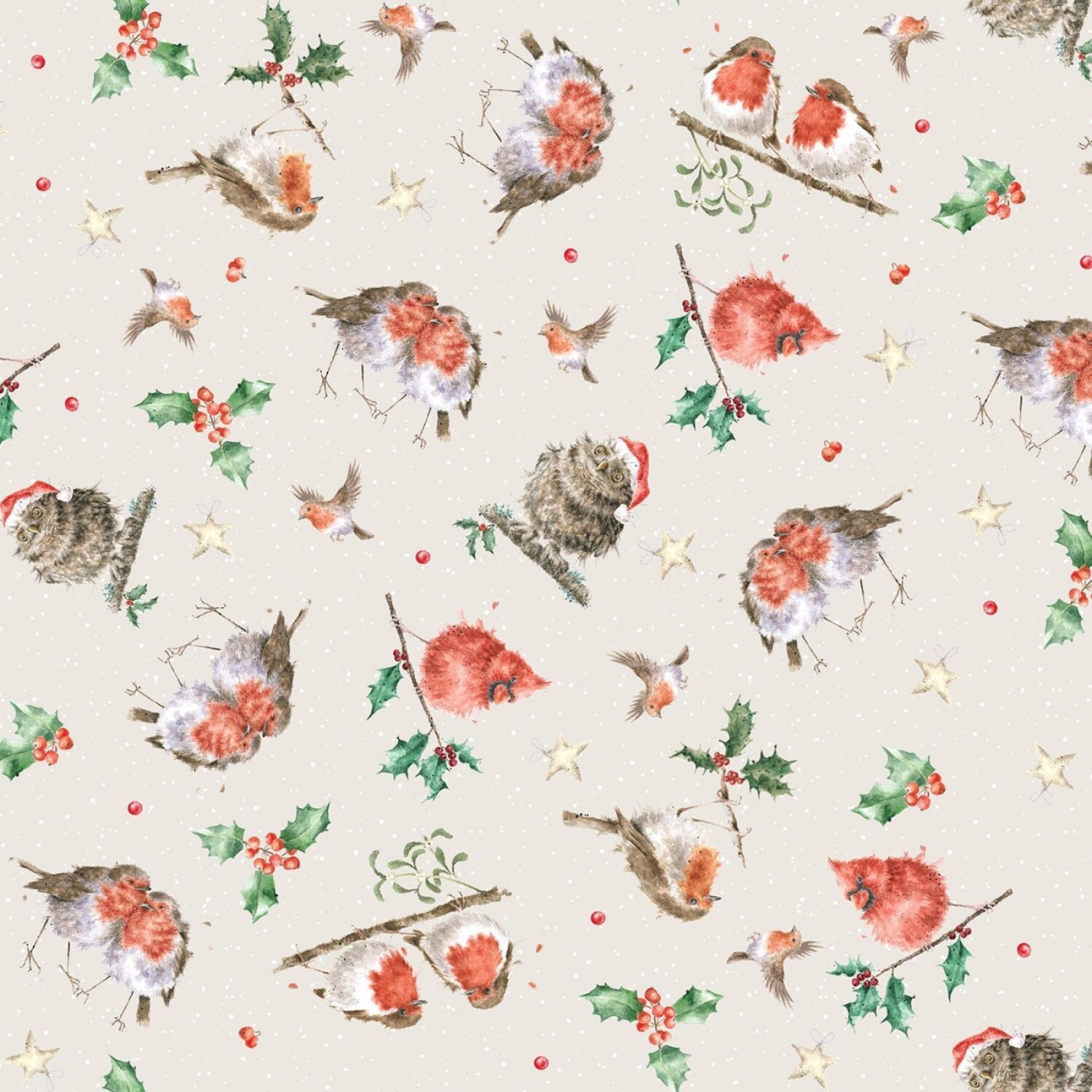 Patchworkstoff der Kollektion "One Snowy Day" mit Rotkehlchen, Kardinal und Eule Ecru Feathered Friends, weiß, 20,50 €/m