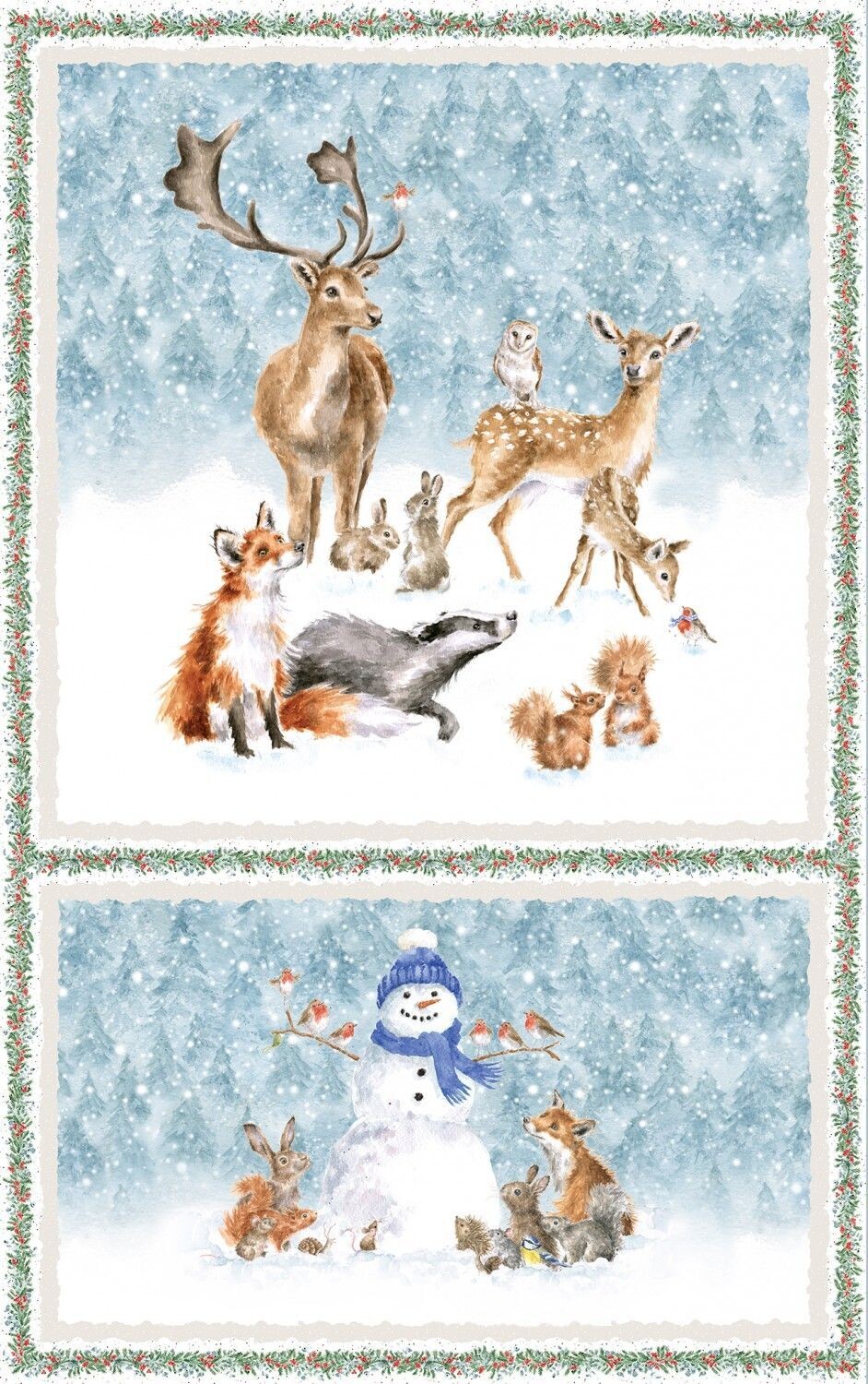 Patchworkpanel der Kollektion "One Snowy Day" mit Fuchs, Eule, Hase, Reh, Dachs und vielen anderen Tierchen, Blue/Multi Snowy Panel 27in, ca. 68 cm, weiß, 20,59 €/m