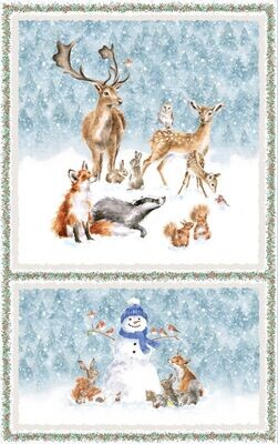 Patchworkpanel der Kollektion Patchworkpanel der Kollektion "One Snowy Day" mit Fuchs, Eule, Hase, Reh, Dachs und vielen anderen Tierchen, Blue/Multi Snowy Panel 27in, ca. 68 cm, weiß, 20,59 €/m