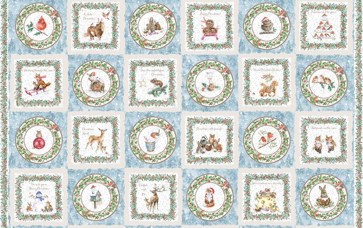 Patchworkpanel der Kollektion "One Snowy Day" mit Fuchs, Eule, Hase, Reh, Dachs und vielen anderen Tierchen, Blue/Multi Snowy Panel 27in, ca. 68 cm, weiß, 20,59 €/m