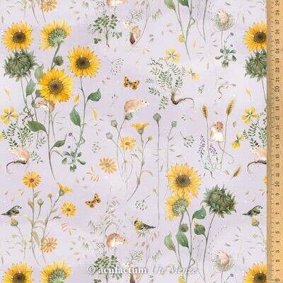 Baumwollstoff Sonnenblumenfeld mit Mäusen, Schmetterlingen und Vögeln, lavendel, Acufactum, 25,90 €/m