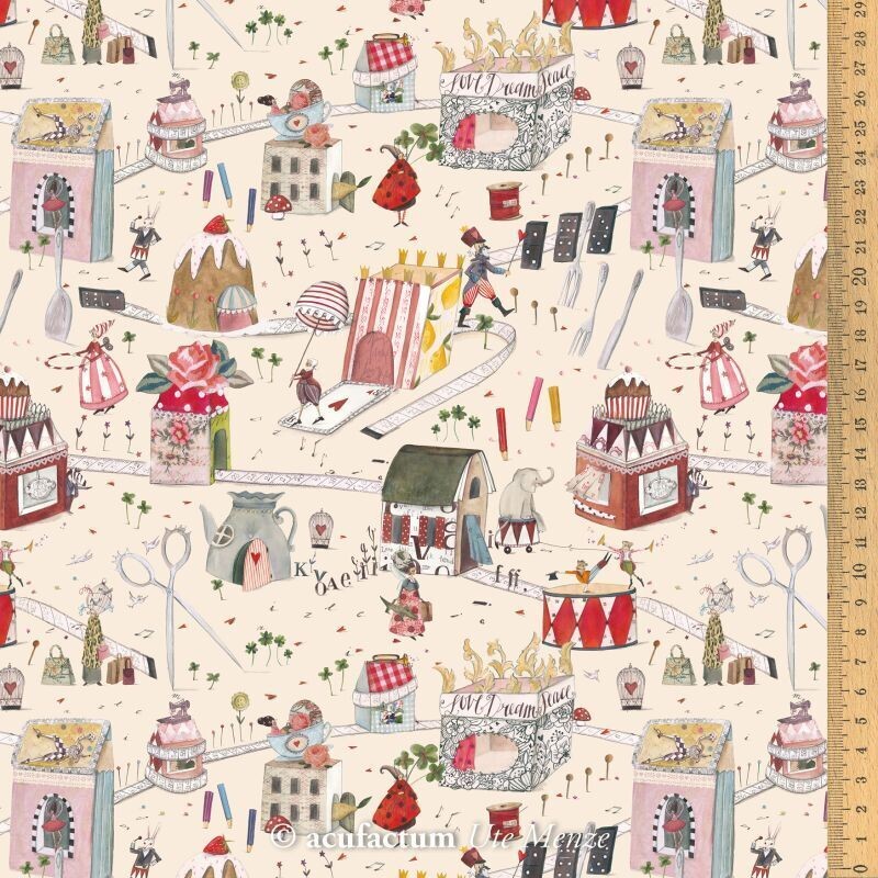 Baumwollstoff Fantasiestadt mit Spielzeug, Tieren und Zirkus, beige, Acufactum, 25,90 €/m