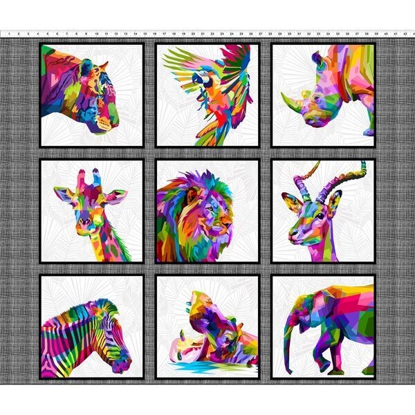 90 cm Panel "Colorful" mit Tiger, Nashorn, Giraffe, Zebra, Löwe, Digitaldruck, 21,67/m