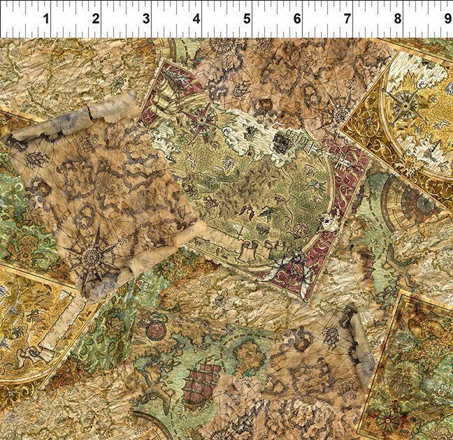 Patchworkstoff , "Legendary Journeys, Maps- Multi", Fantasylandkarte von Jason Yenter, 21,50 €/m