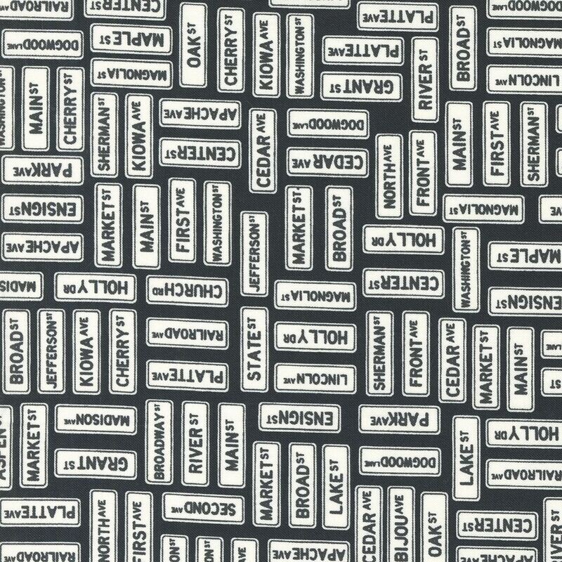 Patchworkstoff, Main Street, Patchworkstoff, Main Street, "Street Signs Novelty" Straßenschilder aus New York, Schrift, schwarz, weiß, 21,50€/m