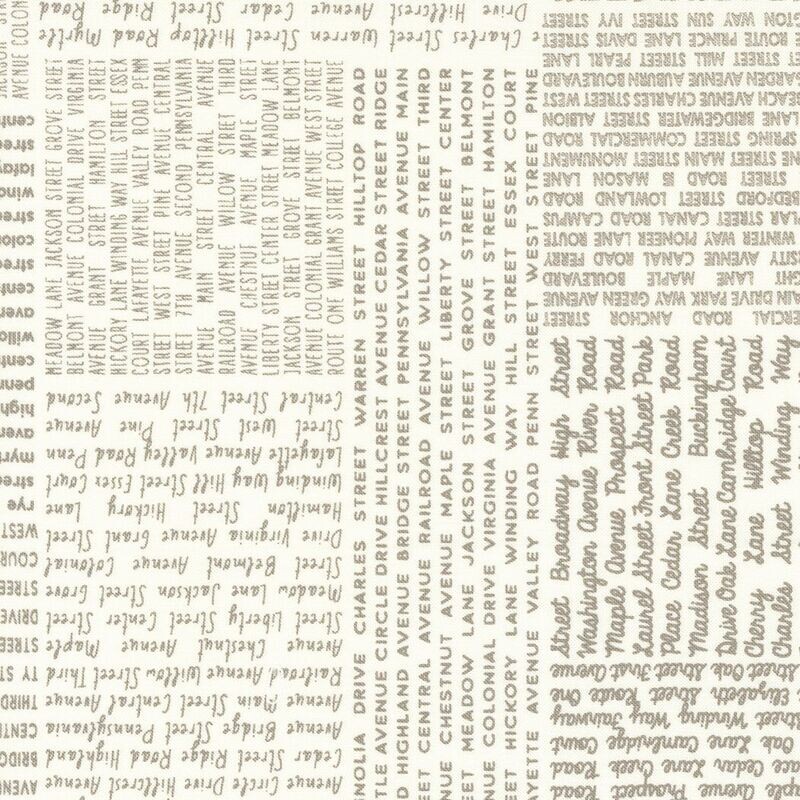 Patchworkstoff, Main Street, "In The News Text and Words" Straßennamen aus New York, Schrift, beige, weiß,  21,50€/m*