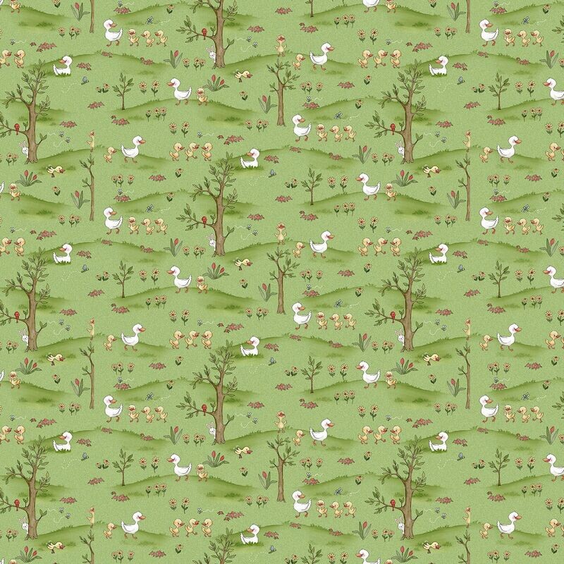 Patchworkstoff "River Romp Ducks in the Meadow" mit Enten auf der Wiese zwischen Bäumen, 19,80 €/m*