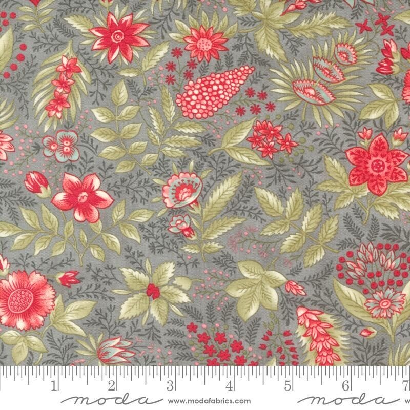 Patchworkstoff "Joyful Jacobean Florals grey Benefiting The Parkinson Foundation", Blumen, Blätter, grau, rot, grün, 21,50 €/m