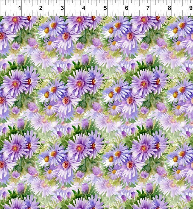 Patchworkstoff , "Daisies-Lavender", Gänseblümchen in lavendel aus der Kollektion Decoupage  von Jason Yenter, 21,50 €/m