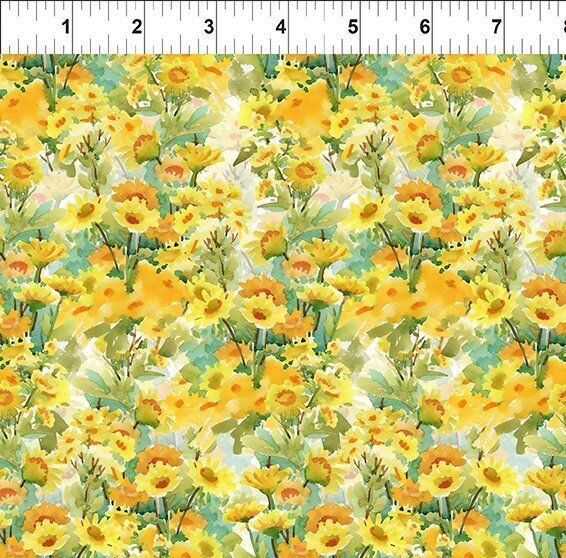 Patchworkstoff , "Sunflower-Yellow", Sonnenblumen in gelb" aus der Kollektion Decoupage  von Jason Yenter, 21,50 €/m