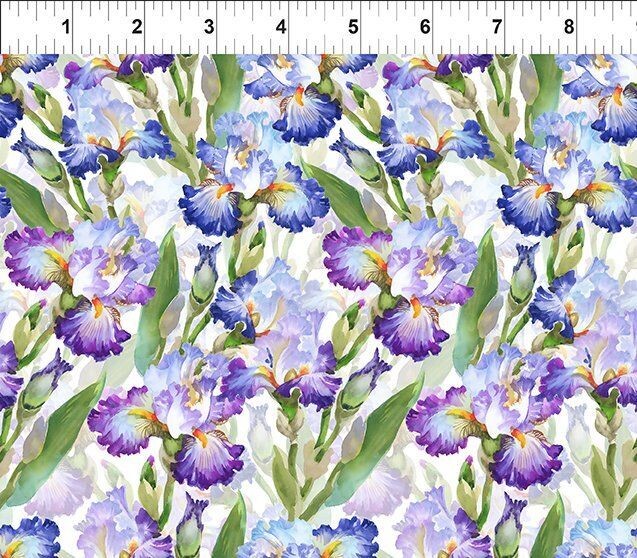 Patchworkstoff , "Iris-Purple", Iris in violett und lila" aus der Kollektion Decoupage  von Jason Yenter, 21,50 €/m