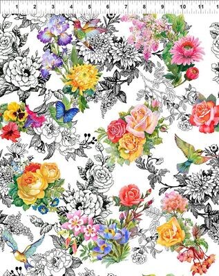 Patchworkstoff , "Garden Toile-Multi", bunte und schwarze Blumen, Vögel und Schmetterlinge aus der Kollektion Decoupage  von Jason Yenter, 21,50 €/m